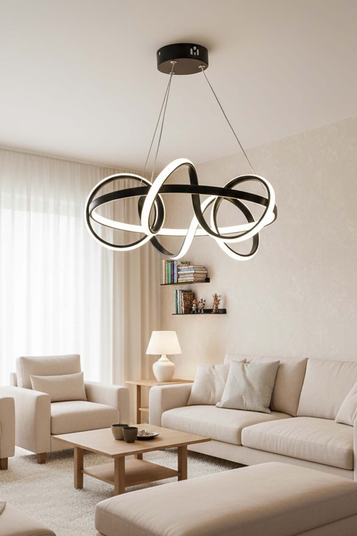 Dart Serisi Siyah Büyük Led Avize, Sarkıt Power Led Avize, 3 Renk Yanabilen Led Avize