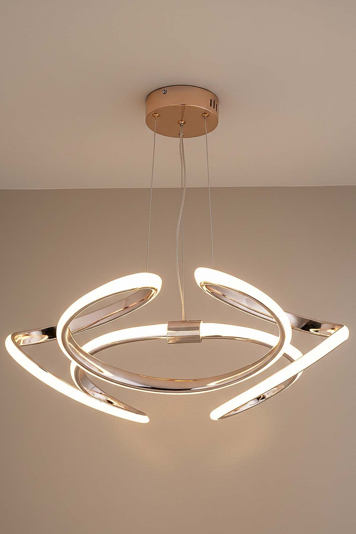 Napoli Serisi Büyük Gold Sarkıt Avize, 3 Renk Yanabilen Power Led Avize, Modern Salon Oturma Odası Led Avize