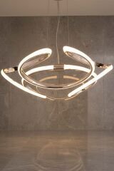 Napoli Serisi Büyük Gold Sarkıt Avize, 3 Renk Yanabilen Power Led Avize, Modern Salon Oturma Odası Led Avize