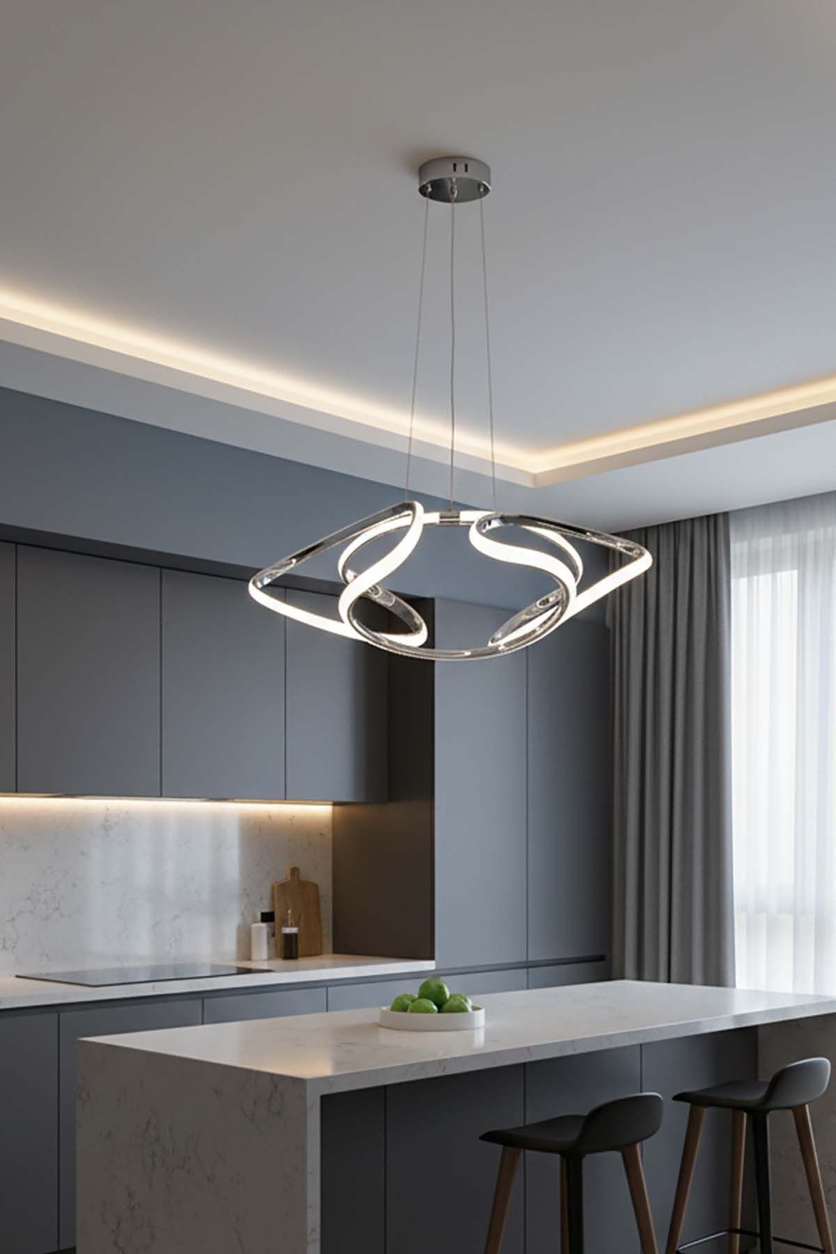 Napoli Serisi Büyük Krom Sarkıt Avize, 3 Renk Yanabilen Power Led Avize, Modern Salon Oturma Odası Led Avize