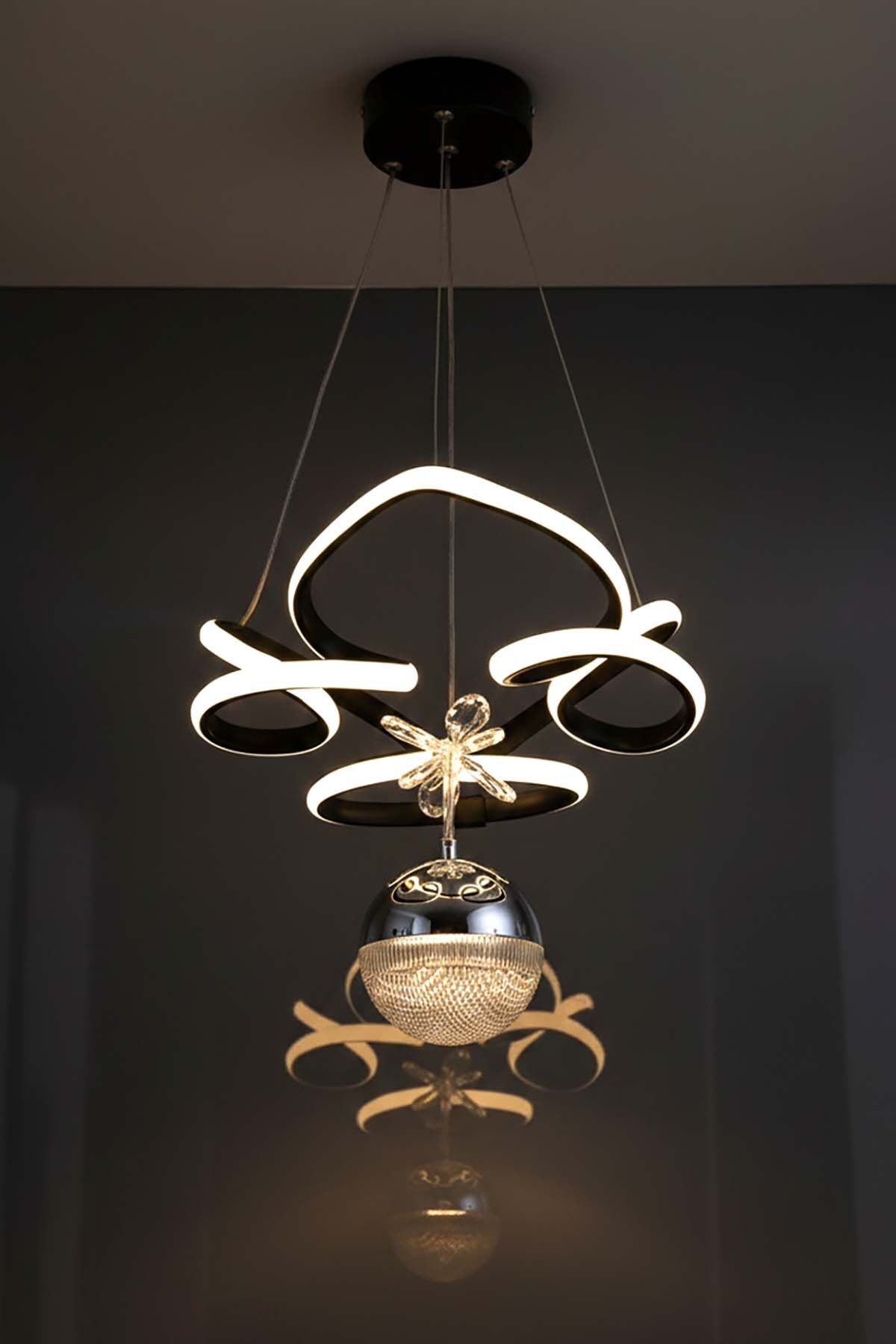 Hale Serisi Tek Toplu Siyah Led Avize, Sarkıt Power Led Avize, 3 Renk Yanabilen Led Avize, Modern Salon Oda Led Avize