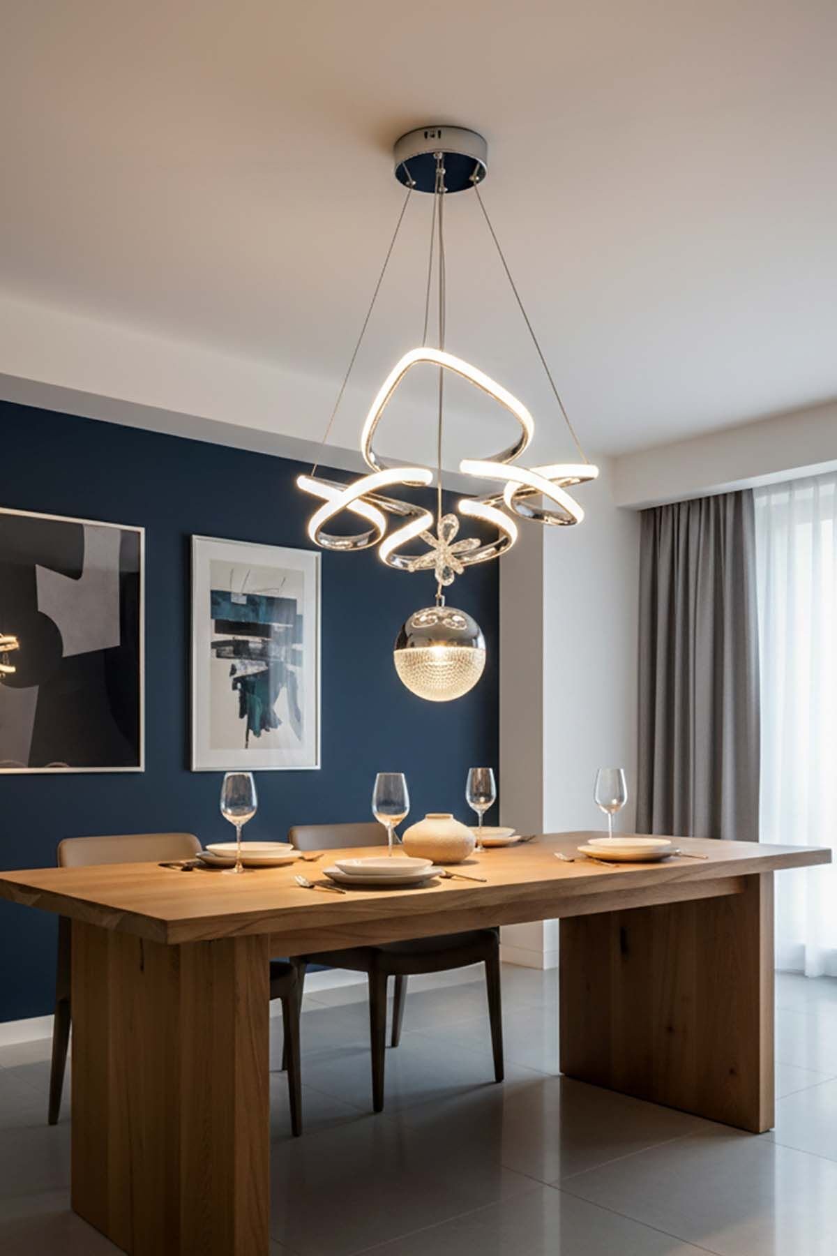 Hale Serisi Tek Toplu Krom Led Avize, Sarkıt Power Led Avize, 3 Renk Yanabilen Led Avize, Modern Salon Oda Led Avize