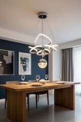 Hale Serisi Tek Toplu Krom Led Avize, Sarkıt Power Led Avize, 3 Renk Yanabilen Led Avize, Modern Salon Oda Led Avize