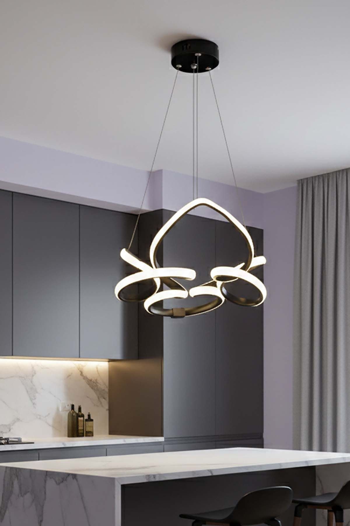 Hale Serisi Küçük Siyah Led Avize, 3 Renk Yanabilen Sarkıt Led Avize, Modern Power Led Avize