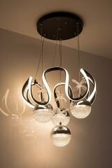 Rain 4 Toplu Siyah Led Avize, 3 Renk Yanabilen Sarkıt Power Led Avize, Lüks Led Avize