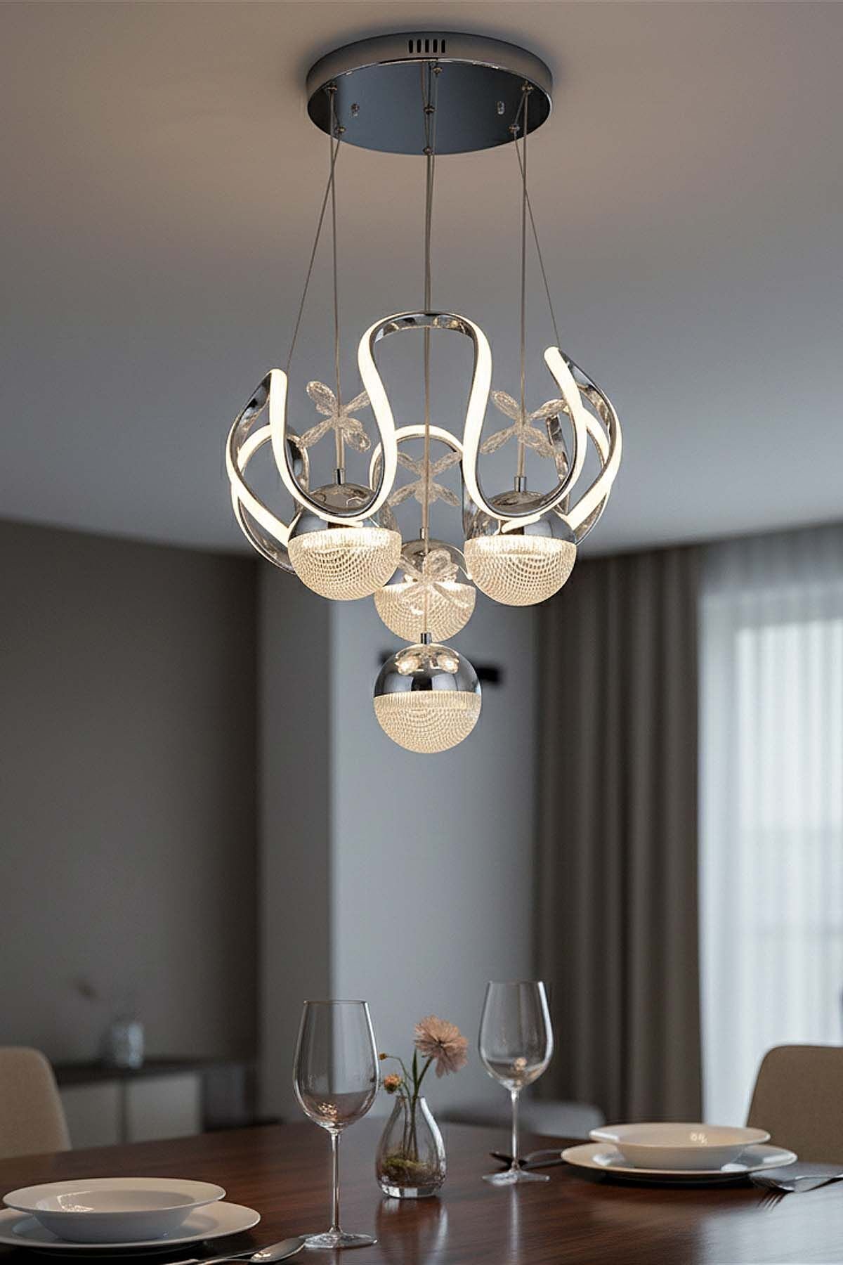 Rain 4 Toplu Krom Led Avize, 3 Renk Yanabilen Sarkıt Power Led Avize, Lüks Led Avize