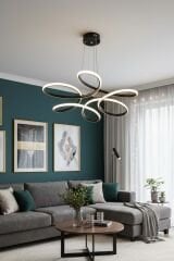 Daisy Siyah Led Avize, 3 Renk Yanabilen Power Led Avize, Lüks Salon Yemek Masası Oda Led Avize