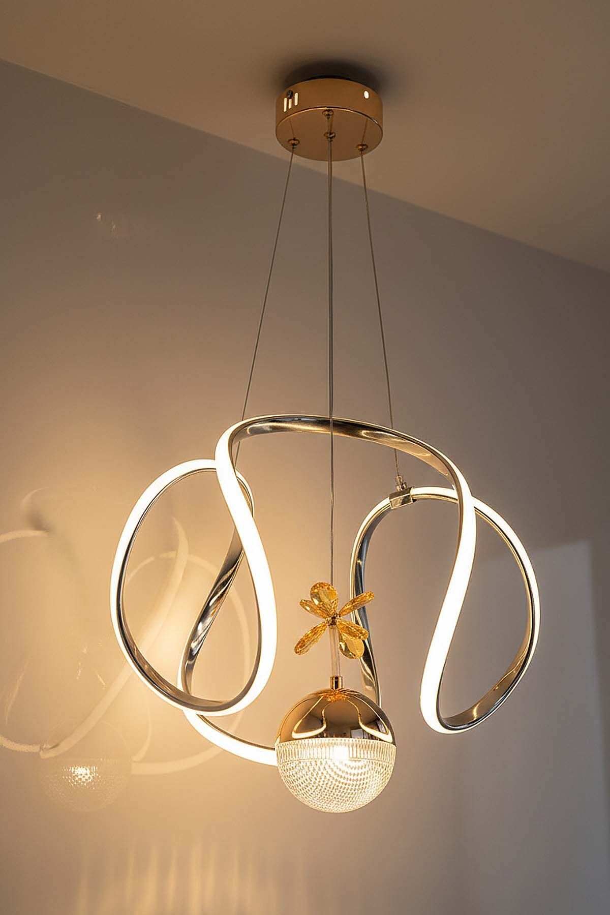 Kiev Serisi Tek Toplu Gold Led Avize, 3 Renk Yanabilen Power Led Avize, Mutfak Salon Hol Sarkıt Led Avize