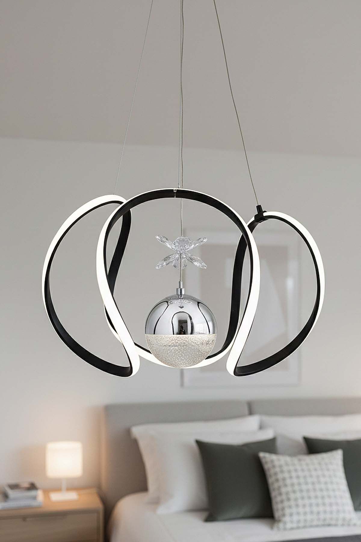 Kiev Serisi Tek Toplu Siyah Led Avize, 3 Renk Yanabilen Power Led Avize, Mutfak Salon Hol Sarkıt Led Avize