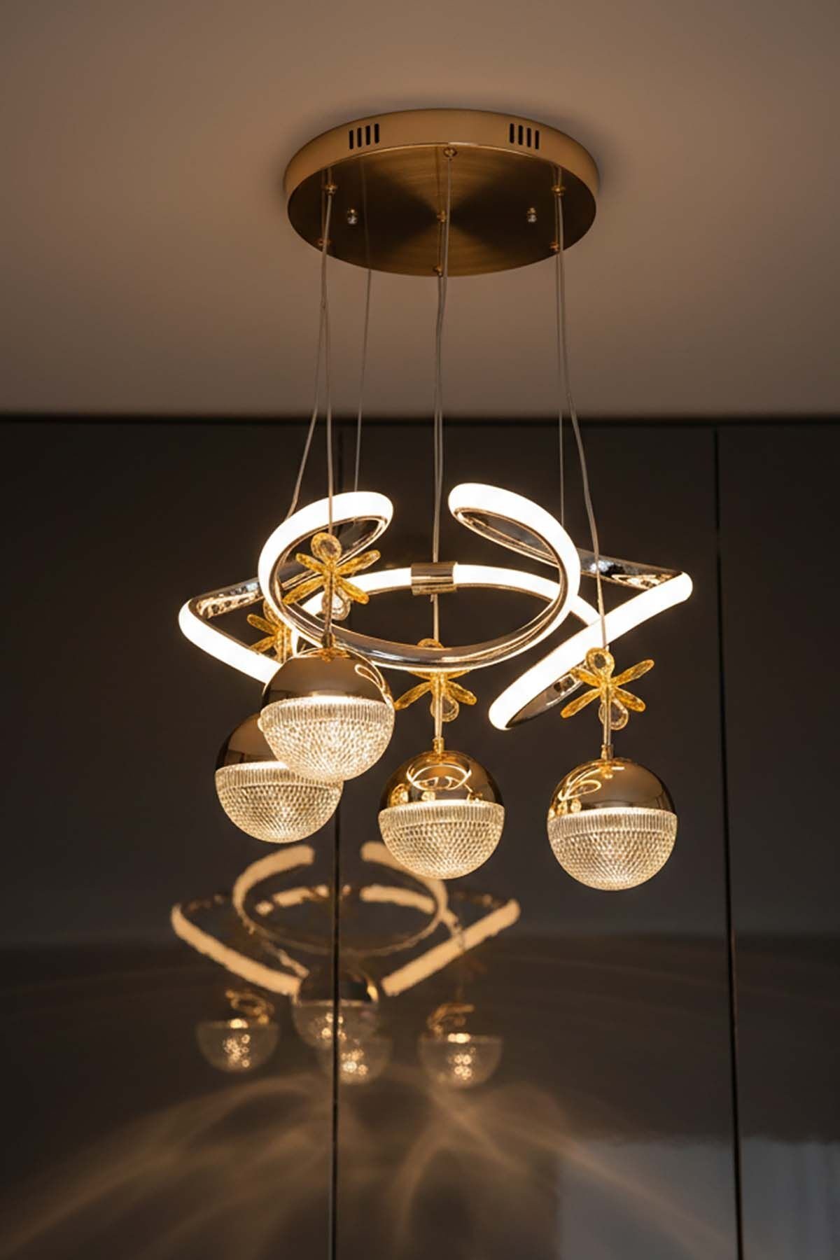 Napoli Serisi 4 Toplu Gold Sarkıt Avize, 3 Renk Yanabilen Power Led Avize, Modern Salon Oturma Odası Led Avize