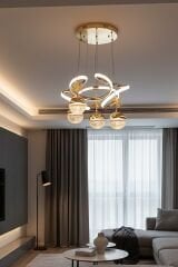 Napoli Serisi 4 Toplu Gold Sarkıt Avize, 3 Renk Yanabilen Power Led Avize, Modern Salon Oturma Odası Led Avize