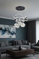 Hale Serisi 5 Toplu Siyah Led Avize, Sarkıt Power Led Avize, 3 Renk Yanabilen Led Avize, Modern Salon Oda Led Avize