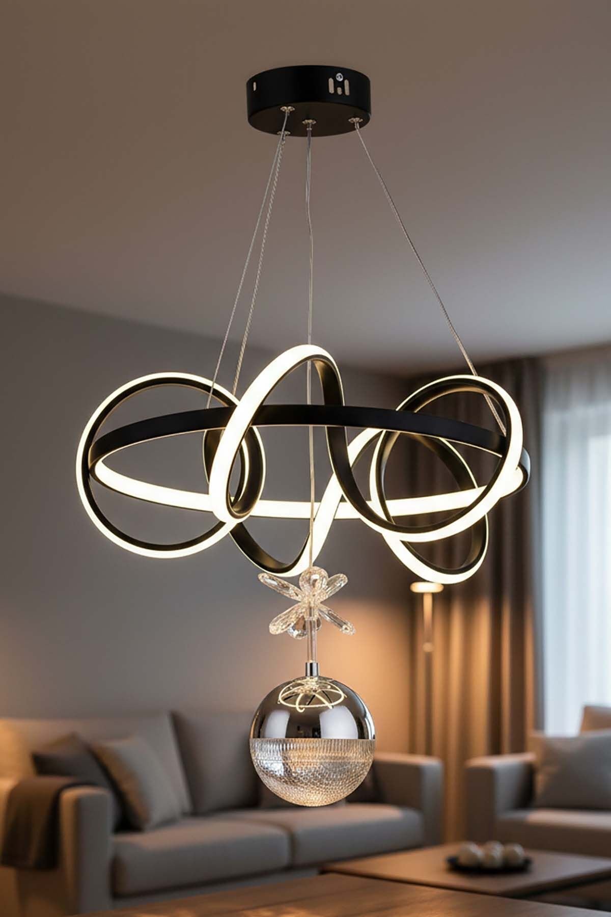 Dart Serisi Tek Toplu Siyah Led Avize, Sarkıt Power Led Avize, 3 Renk Yanabilen Led Avize