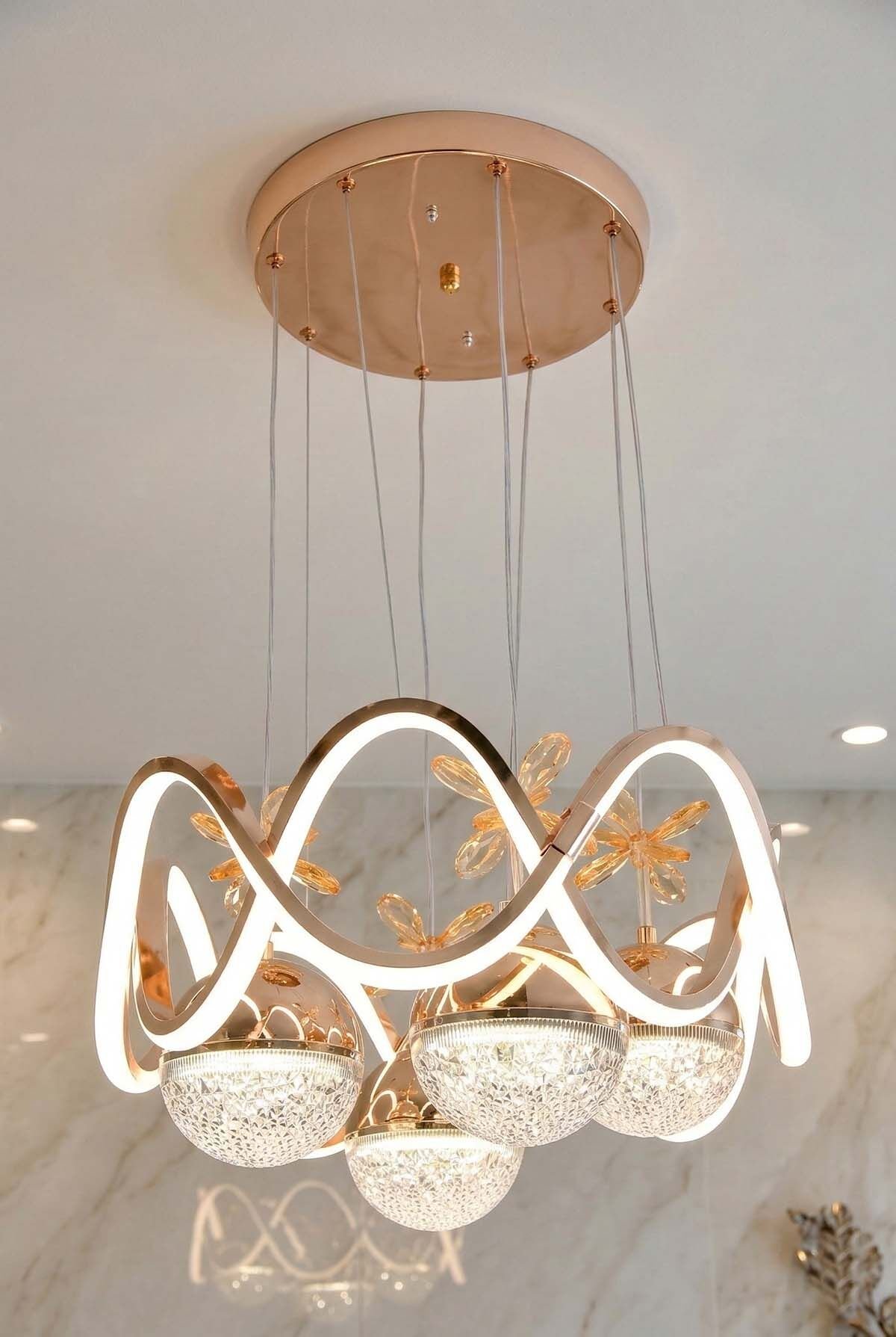 Modern Habana 4 Toplu Gold Sarkıt Led Avize, Power Led Avize, 3 Renk Işık Özellikli Led Avize