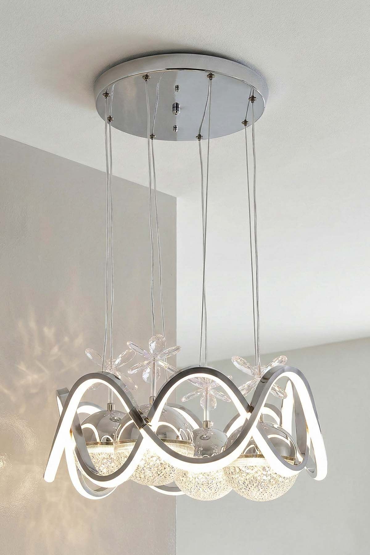 Modern Habana Krom 4 Toplu Sarkıt Led Avize, Power Led Avize, 3 Renk Işık Özellikli Led Avize