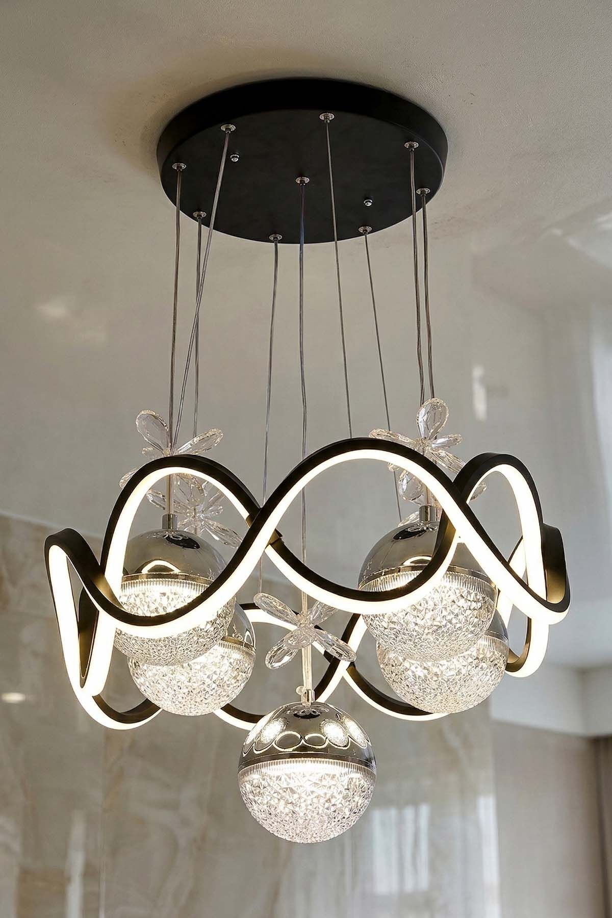 Modern Habana Siyah 4 Toplu Sarkıt Led Avize, Power Led Avize, 3 Renk Işık Özellikli Led Avize