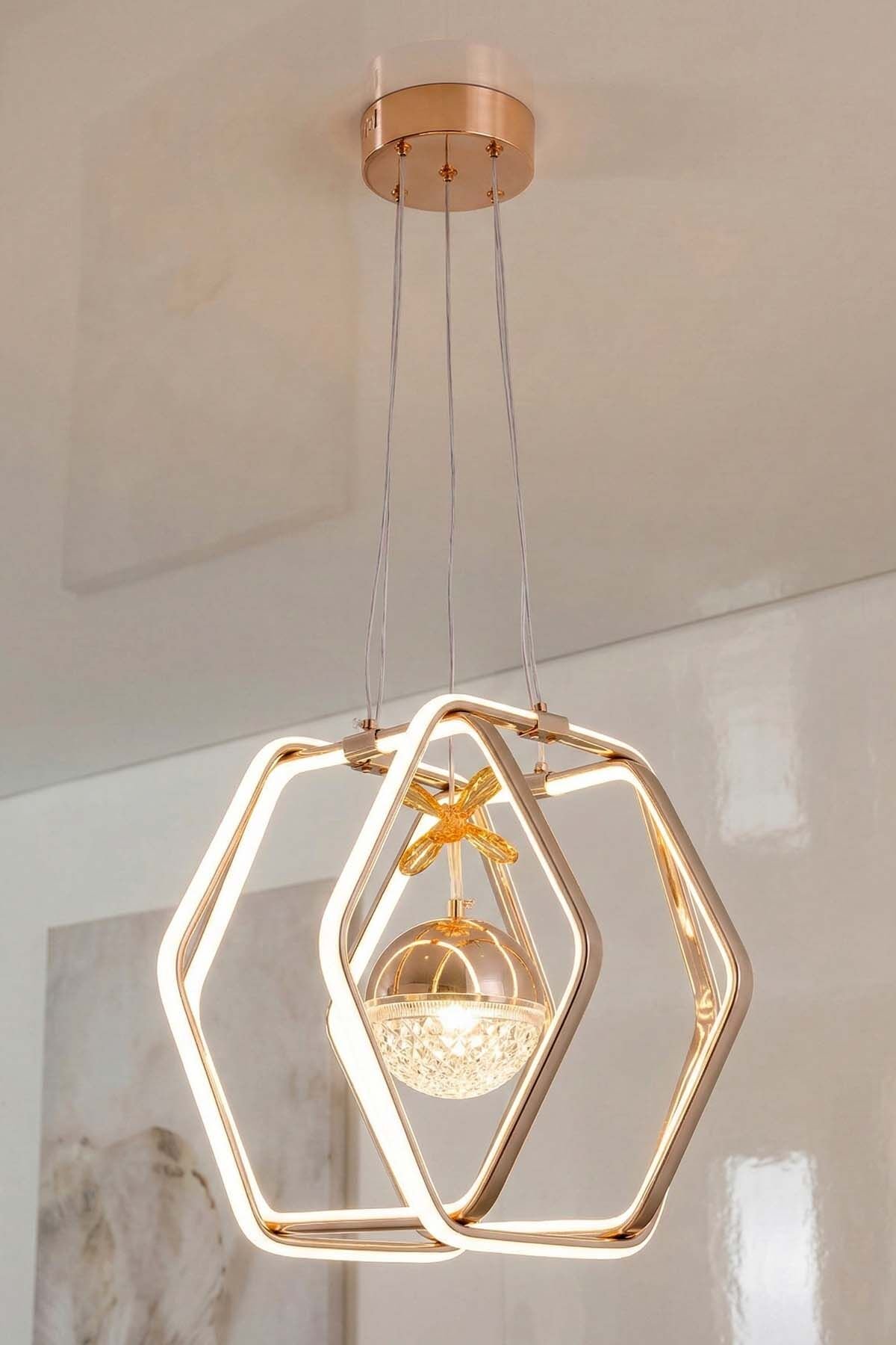 Morta Tek Toplu Gold Power Led Avize, Mutfak Salon Hol Sarkıt Led Avize, 3 Renk Yanabilen Power Led Avize