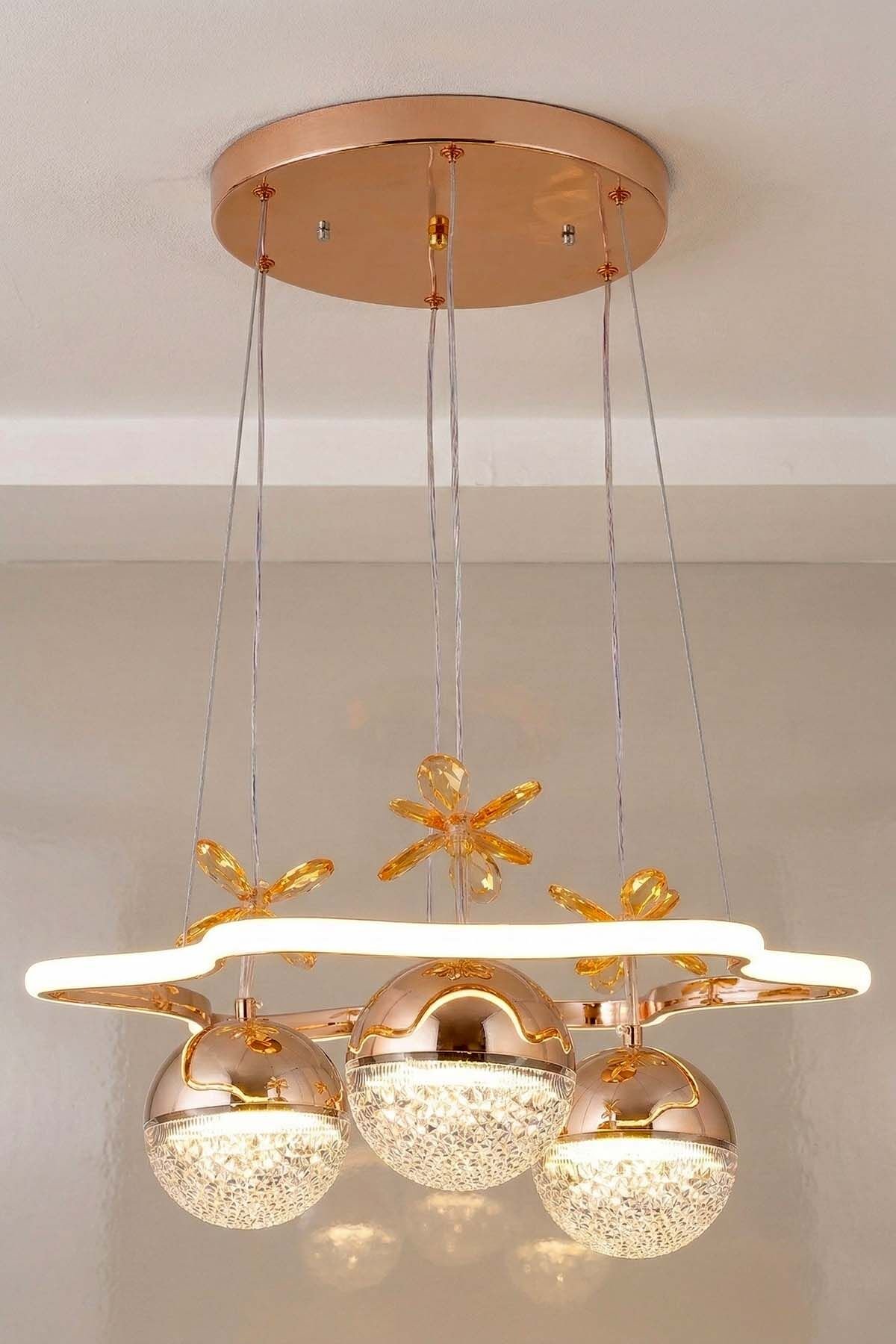 Tasarım Clara 3 Toplu Gold Sarkıt Led Avize, Power Led Avize, 3 Renk Işık Özellikli Led Avize