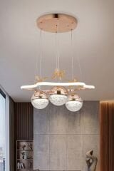 Tasarım Clara 3 Toplu Gold Sarkıt Led Avize, Power Led Avize, 3 Renk Işık Özellikli Led Avize