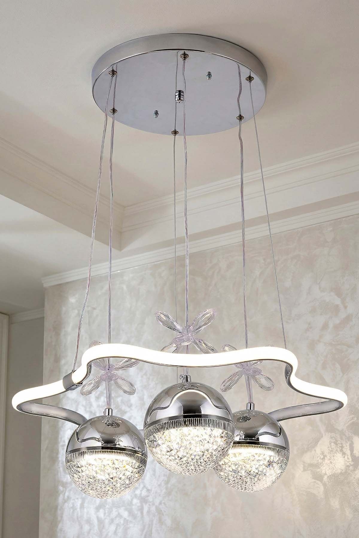 Tasarım Clara 3 Toplu Krom Sarkıt Led Avize, Power Led Avize, 3 Renk Işık Özellikli Led Avize