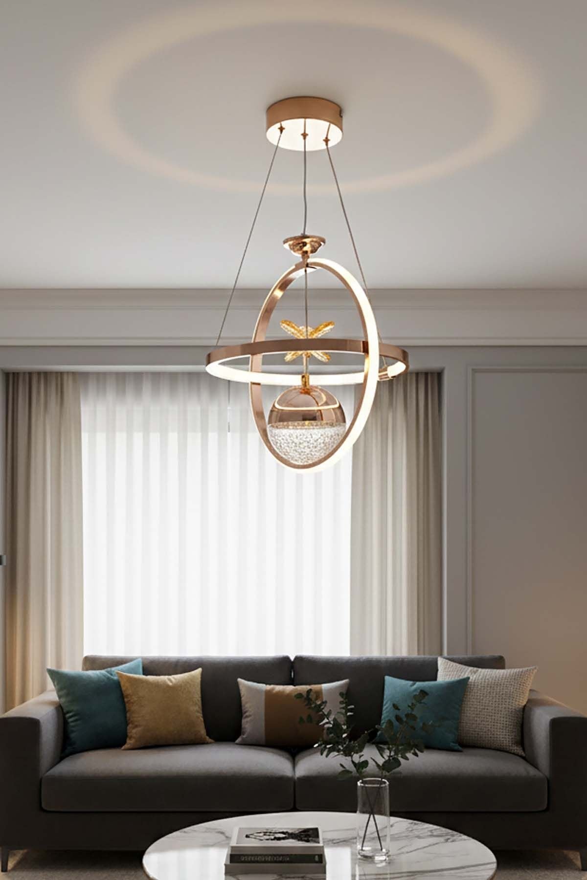 Meridyen Tek Top Gold Power Led Avize, 3 Renk Yanabilen Lüks Led Avize, Mutfak Salon Hol Oda Sarkıt Led Avize