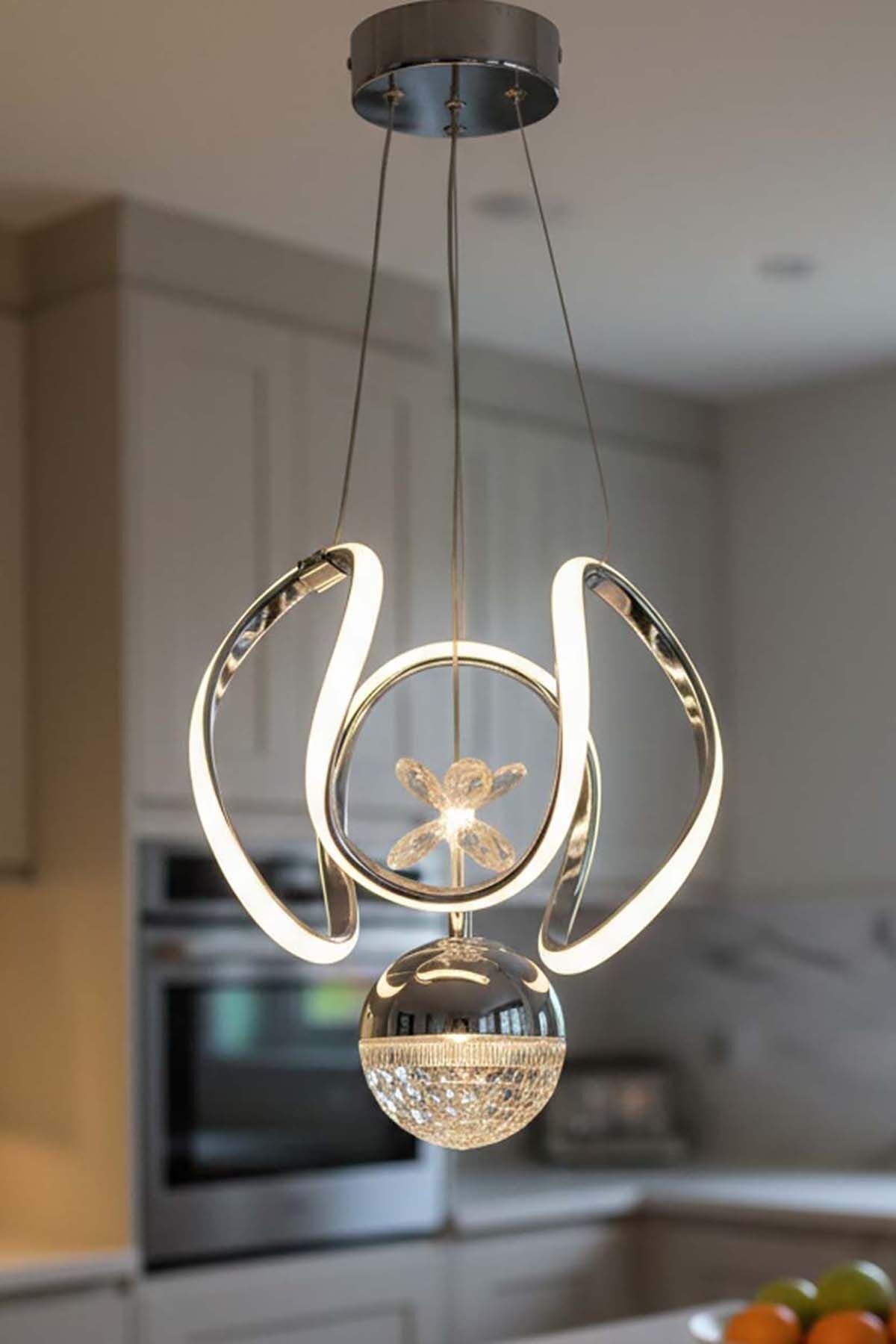 Tek Toplu Kiev Power Led Krom Avize, Mutfak Salon Hol Sarkıt Led Avize, 3 Renk Yanabilen Power Led Avize, Modern Avize