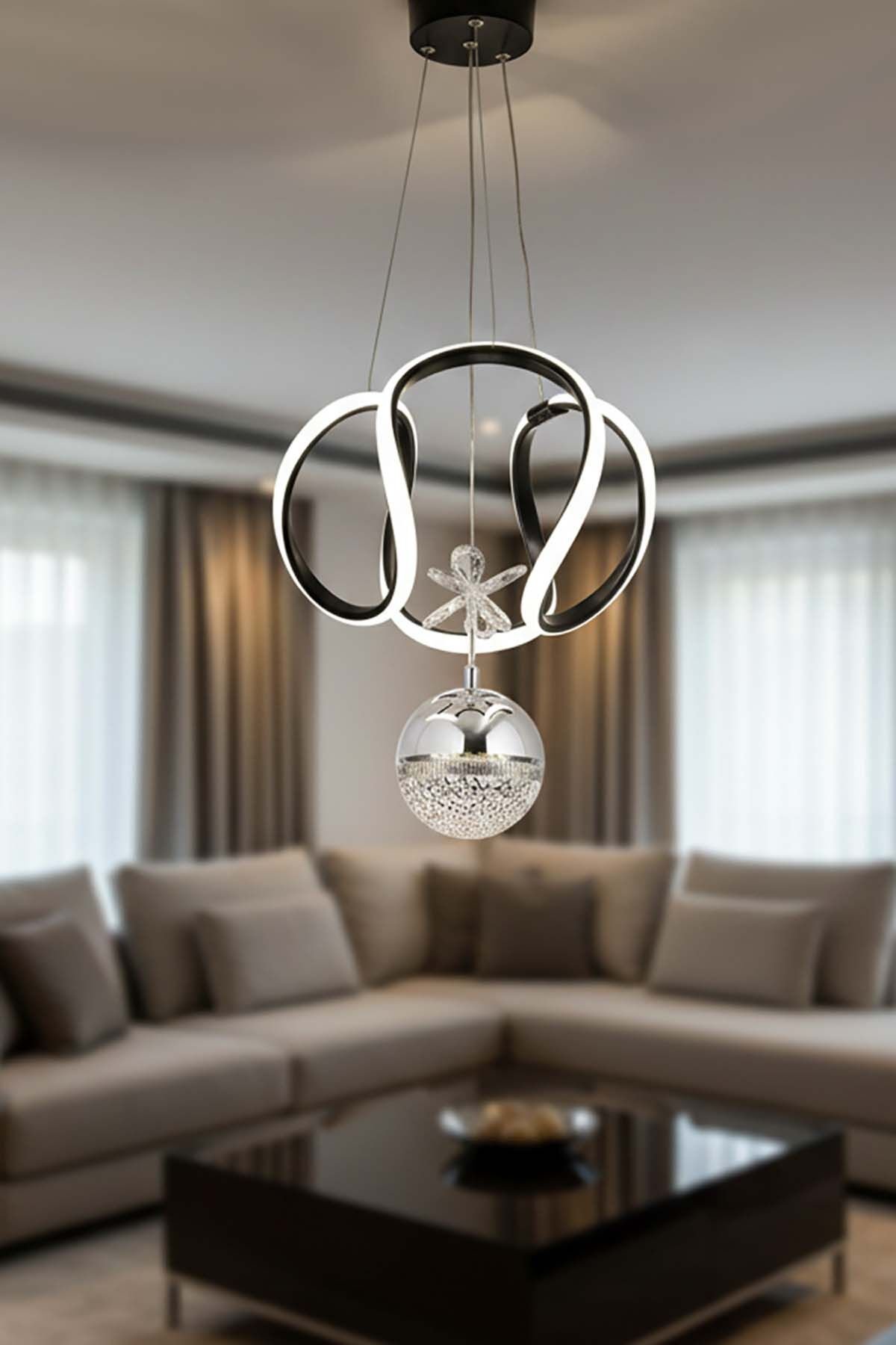 Tek Toplu Kiev Power Led Siyah Avize, Mutfak Salon Hol Sarkıt Led Avize, 3 Renk Yanabilen Power Led Avize, Modern Avize