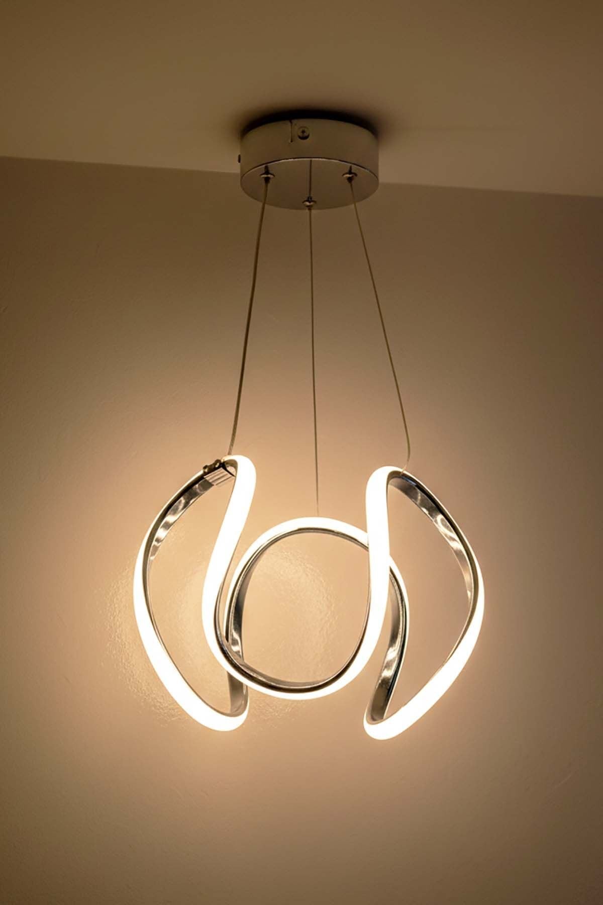 Minimal Kiev Power Led Krom Avize, Mutfak Salon Hol Sarkıt Led Avize, 3 Renk Yanabilen Power Led Avize, Modern Avize