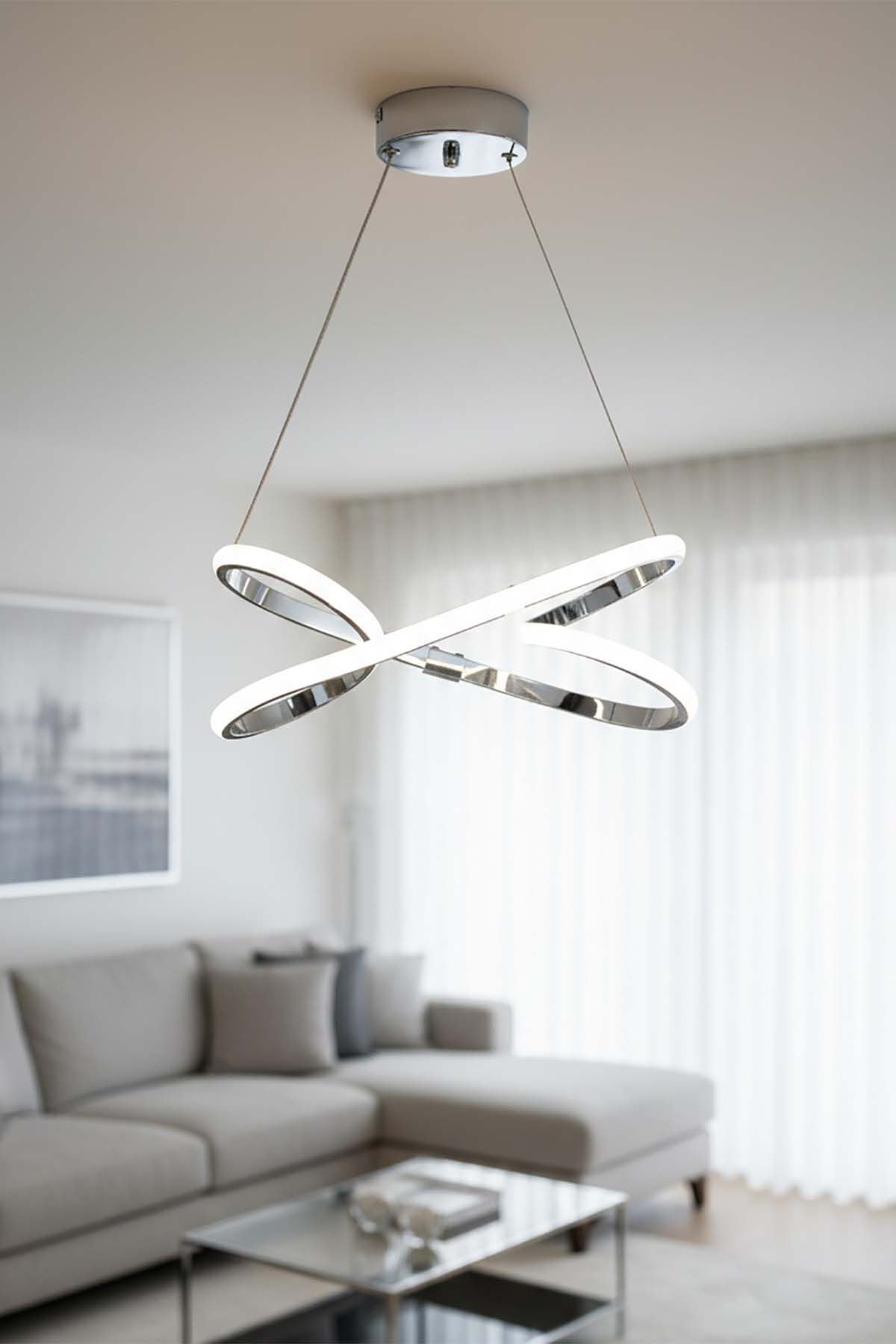 Modern Krom Palermo Power Led Avize, 3 Renk Yanabilen Lüks Led Avize, Mutfak Salon Hol Oda Sarkıt Led Avize