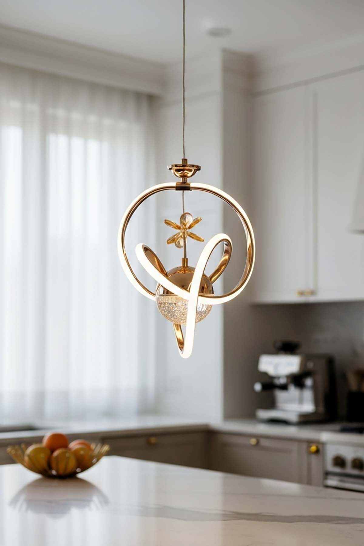 Modern Prag Gold Power Led Avize, 3 Renk Yanabilen Lüks Led Avize, Mutfak Salon Hol Oda Sarkıt Led Avize