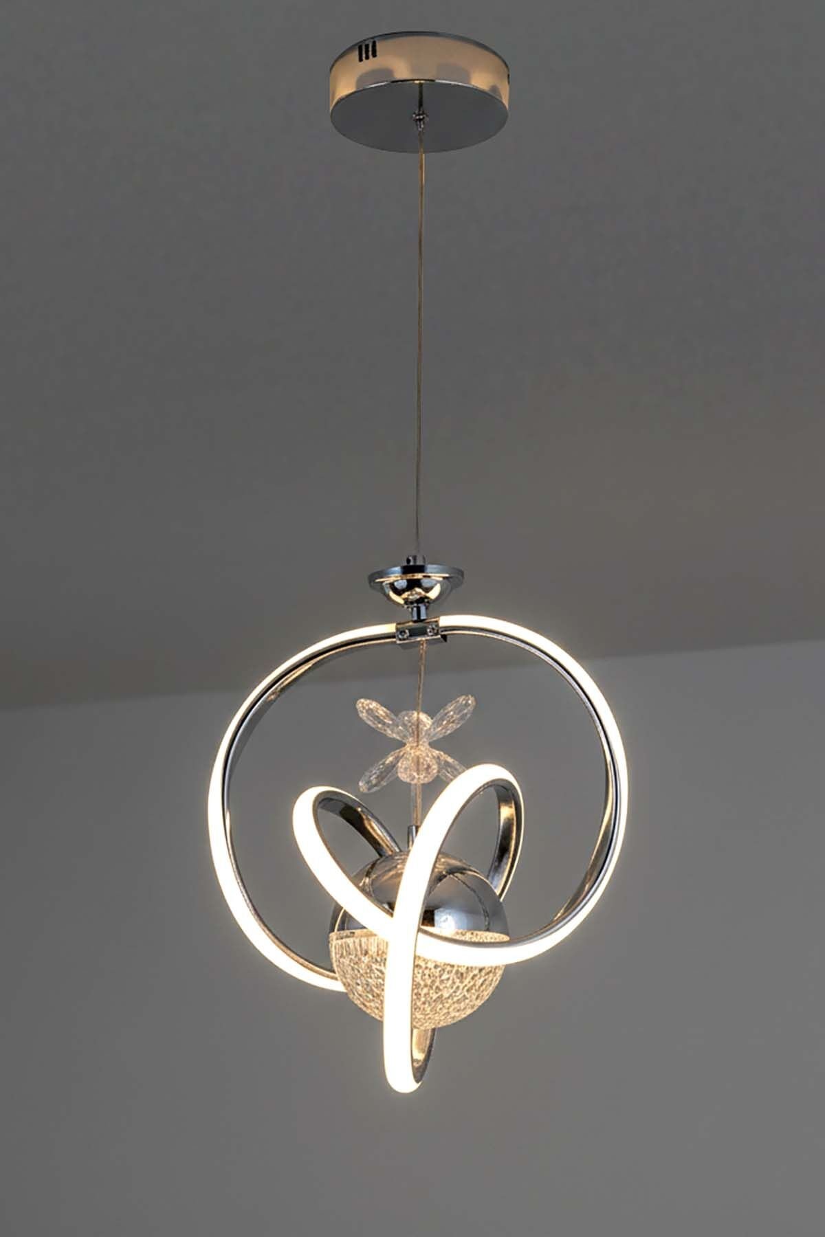 Modern Prag Krom Power Led Avize, 3 Renk Yanabilen Lüks Led Avize, Mutfak Salon Hol Oda Sarkıt Led Avize